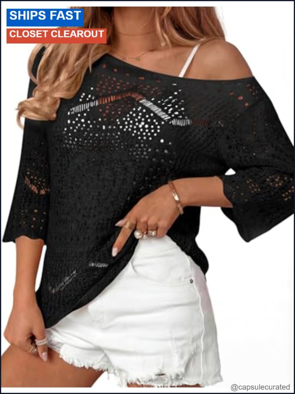 Crochet Knit 3/4 Sleeve Cover Up Beach Sweater